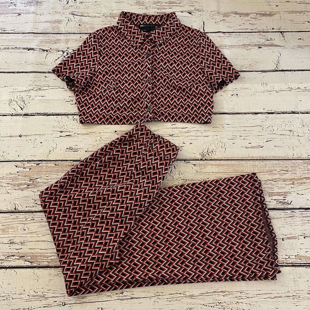 ASOS DESIGN Jersey Wide Relaxed Flare‎ Suit Geo Print Top Size 12 Pants Size 6